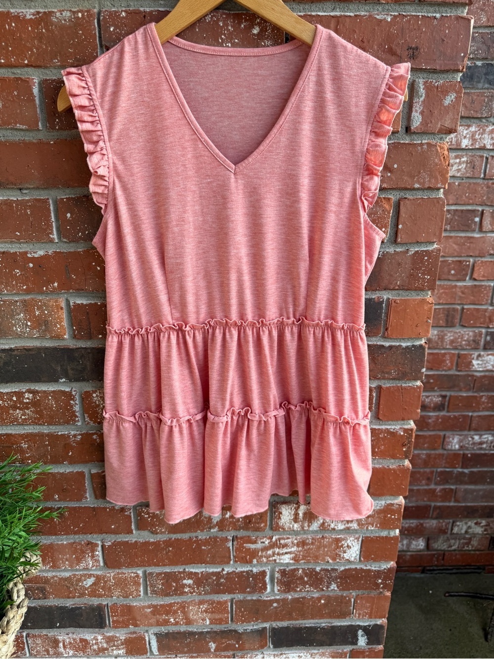 Tiered V-Neck Flutter Sleeve Ruffle Top. Pinky in Color
